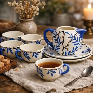 Vintage Hand Painted Tea Set Blue White Creamer 4 Cups Saucers Floral Pottery